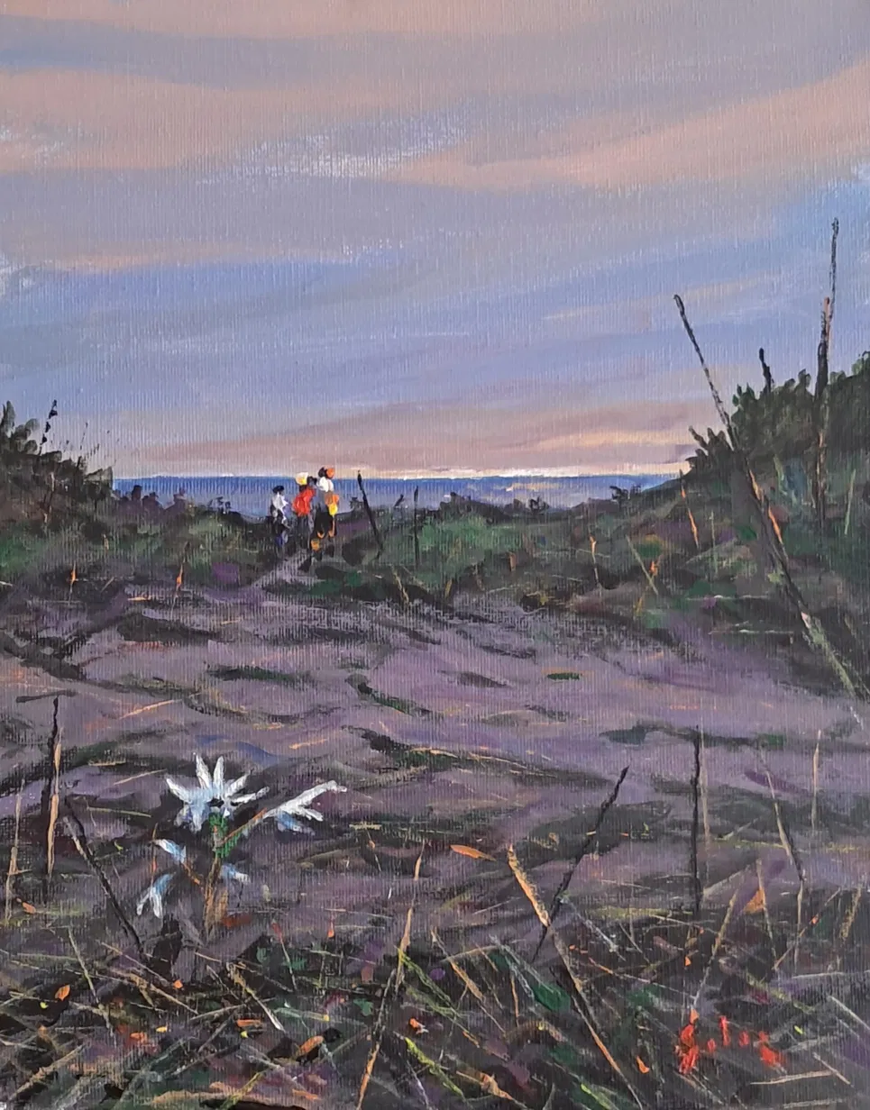 Óleo — sendero entre dunas al atardecer