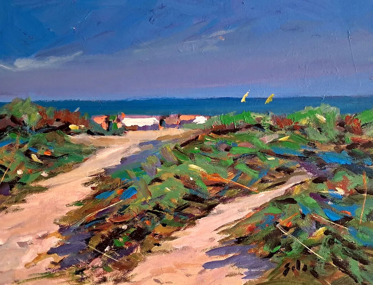 Óleo — camino costero hacia el mar