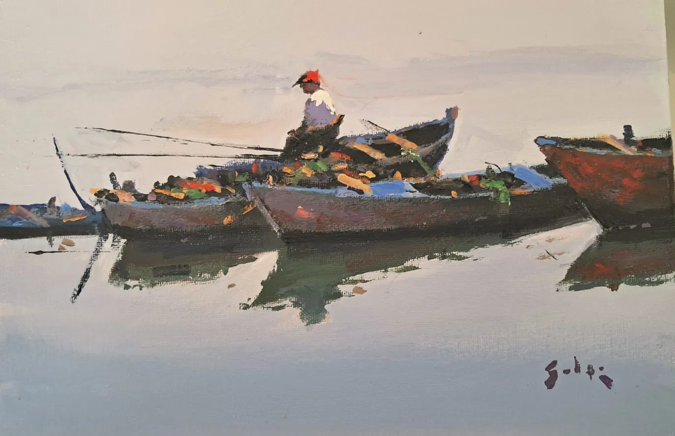 Óleo — figura junto al mar con red de pesca
