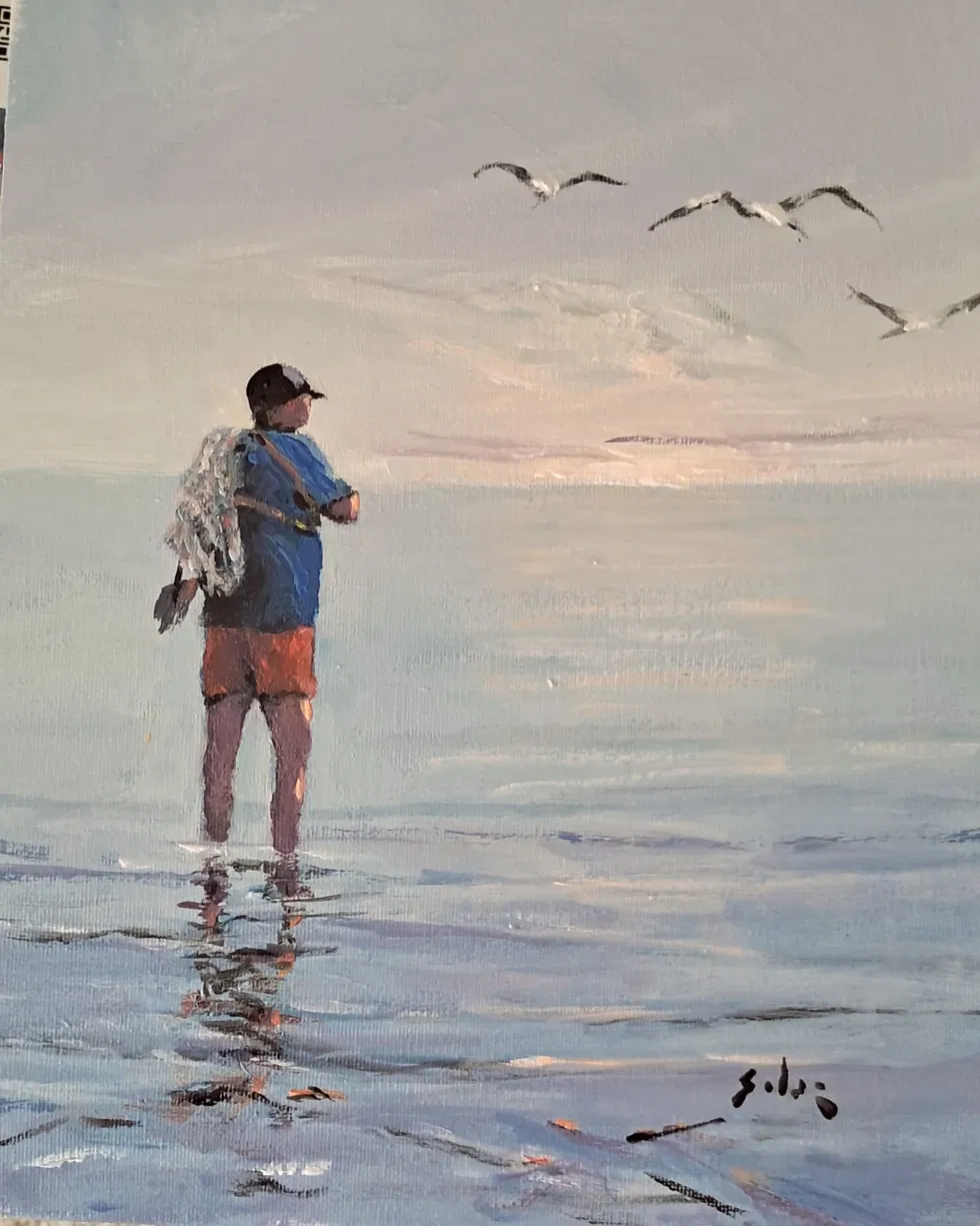 Óleo — escena de pesca, aguas en calma