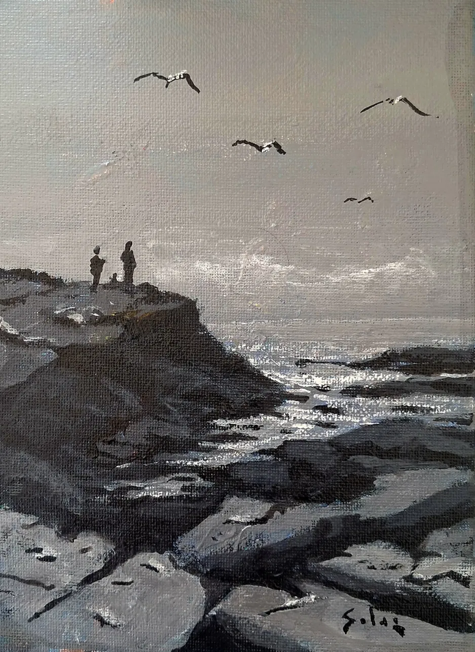 Óleo — acantilado en tonos grises, con gaviotas sobrevolando la costa