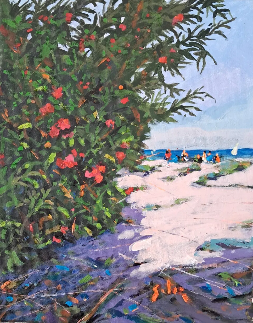 Óleo — vegetación en flor junto al camino de playa