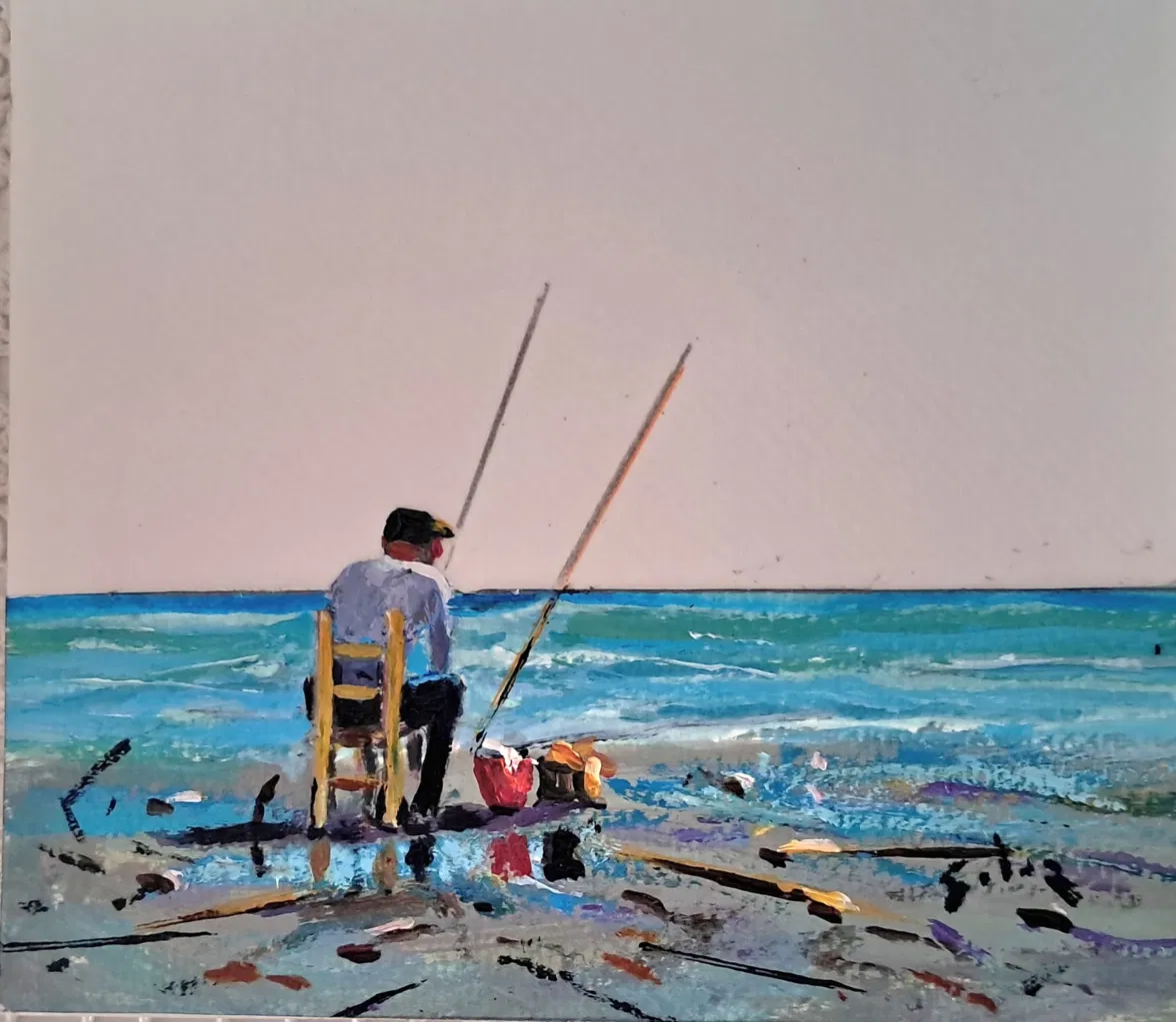 Óleo — pescador sentado junto al mar